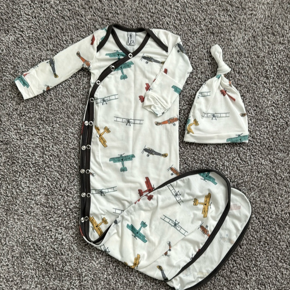 Copper pearl newborn gown, airplanes, new!